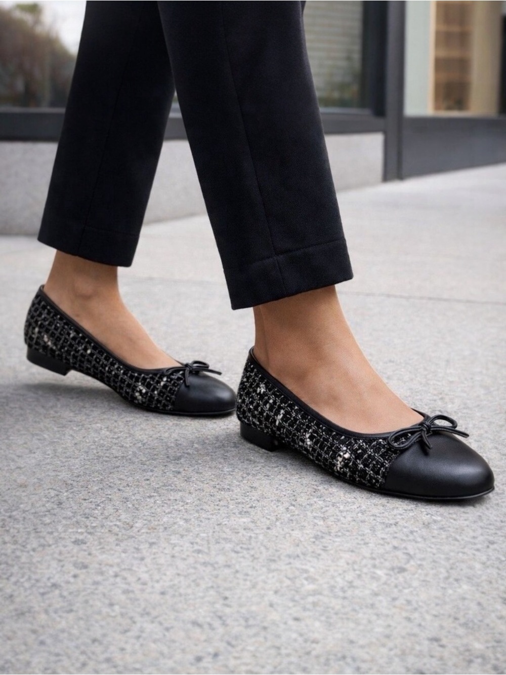 J.Crew Black Tweed Cap-Toe Bow Preppy Ballet Flats‎ – Womens 10W